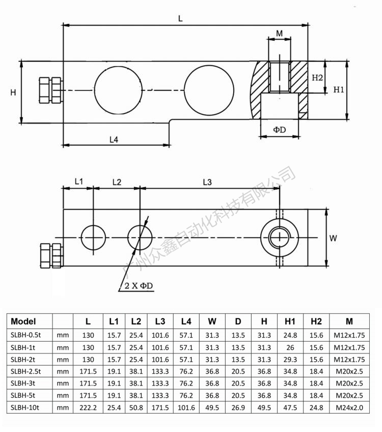 美國(guó)中克塞爾 SLBH-5t稱重傳感器產(chǎn)品尺寸